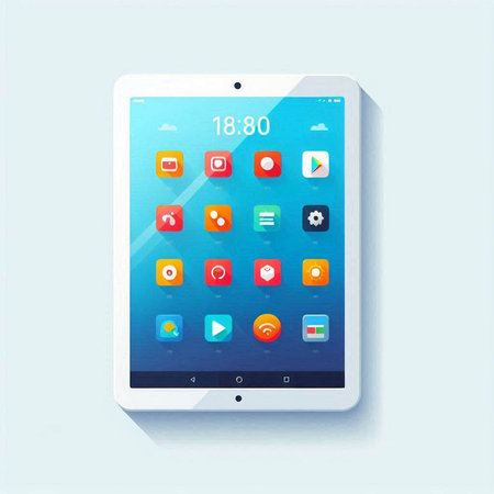 Tablet PC with app icons on blue background. Vector illustration.のイラスト素材