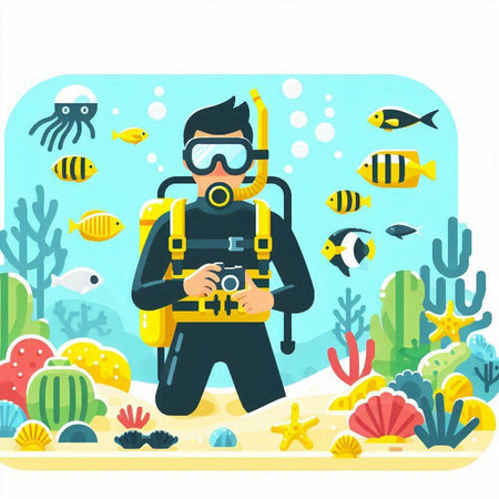 Scuba diver with a camera in the sea. Vector illustration.のイラスト素材