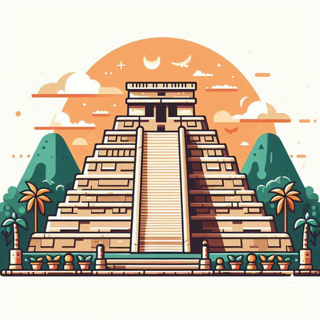 Mayan pyramid and palm trees in flat style. Vector illustration.のイラスト素材