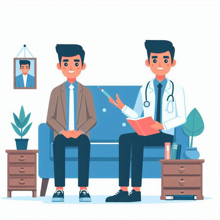 Doctor and patient sitting on sofa. Vector illustration in cartoon style.のイラスト素材