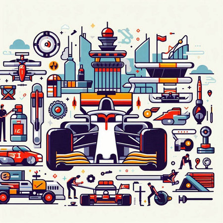 Vector illustration of a flat design of racing car and race equipment.のイラスト素材