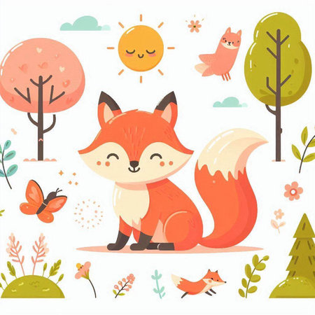 Cute fox in the forest. Forest animals. Vector illustration.のイラスト素材