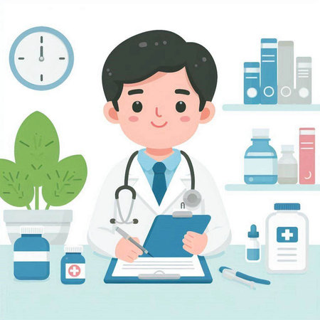 Male doctor writing on clipboard in medical office. Vector flat illustration.のイラスト素材