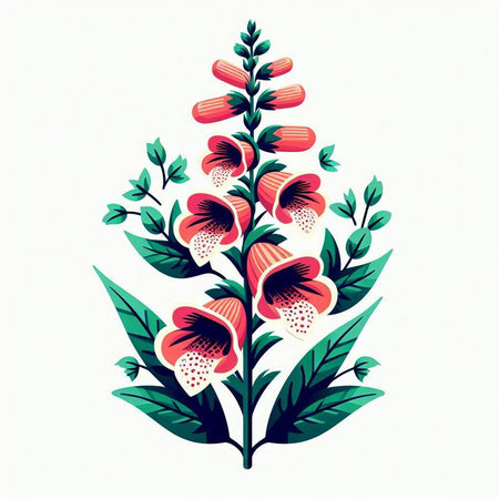 Illustration of foxglove flowers with green leaves. Vector illustration.のイラスト素材