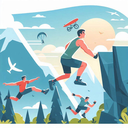 Vector illustration of a group of people climbing the mountain. The concept of a healthy lifestyle.のイラスト素材
