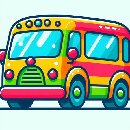 Colorful school bus. Hand drawn vector illustration in cartoon style.のイラスト素材