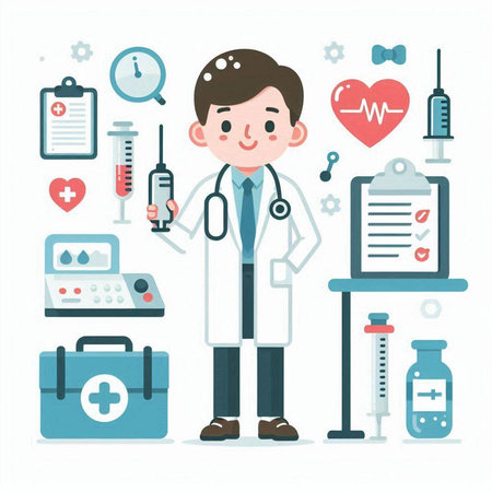 Doctor with stethoscope and medical equipment. Vector illustration in flat style.のイラスト素材