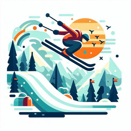 Skiing in the mountains. Flat style vector illustration on white background.のイラスト素材