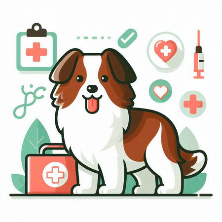 Cute dog with first aid kit and medical icons. Vector illustration.のイラスト素材