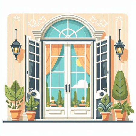 Flat style vector illustration of a window with plants in pots.のイラスト素材