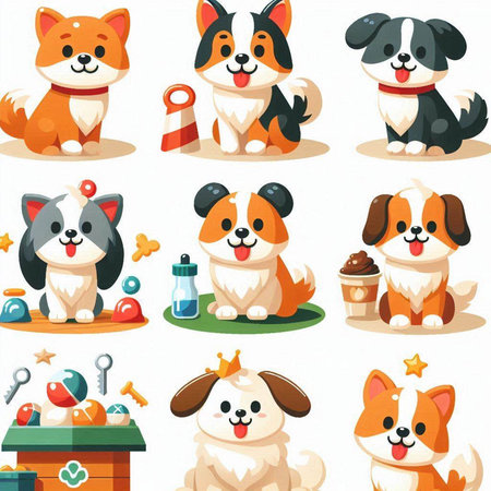 Cartoon Cute Dogs and Puppies Set. Vector Illustrationのイラスト素材