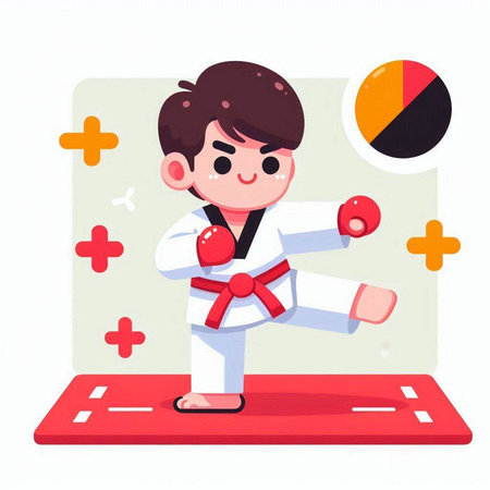 Karate boy in kimono training on mat vector illustration.のイラスト素材