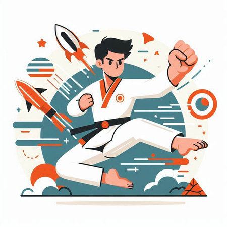 Taekwondo fighter with katana. Vector illustration in flat styleのイラスト素材