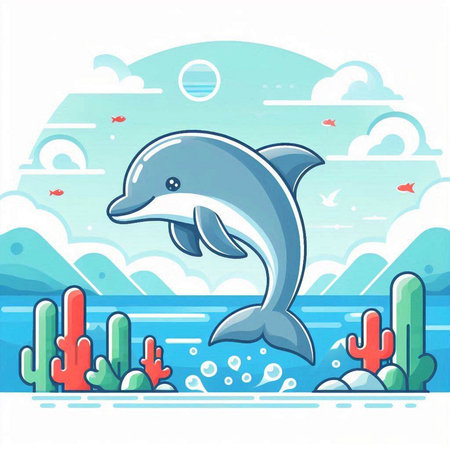 Dolphin in the sea. Vector illustration of a cartoon character.のイラスト素材