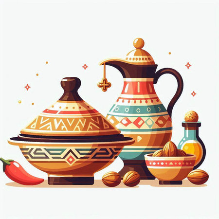 Vector illustration of jugs and pots with spices on a white backgroundのイラスト素材