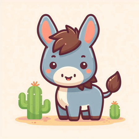Cute cartoon donkey with cactus. Vector illustration in flat style.のイラスト素材