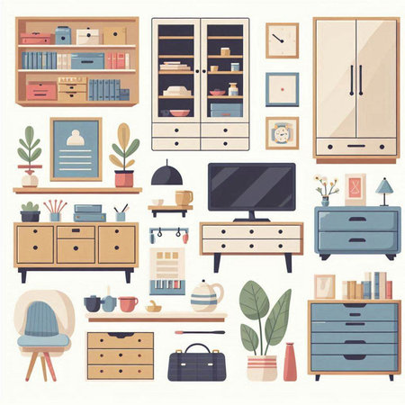 Furniture and interior design elements. Vector illustration in flat style.のイラスト素材