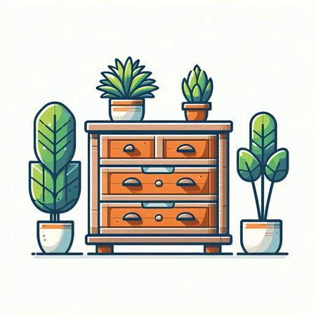 Cabinet with drawers and plants. Flat style vector illustration.のイラスト素材