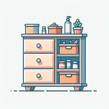 Cabinet with different items. Vector illustration in flat style.のイラスト素材
