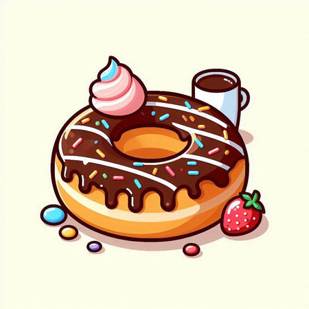 Donut with chocolate glaze, strawberry and cup of coffee. Vector illustration.のイラスト素材