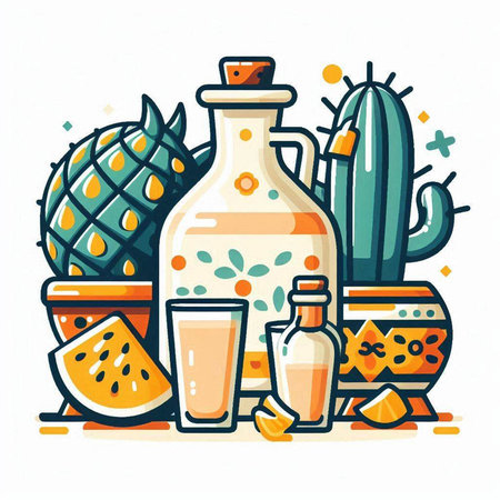 Cacti, watermelon and tequila bottle. Hand drawn vector illustration.のイラスト素材