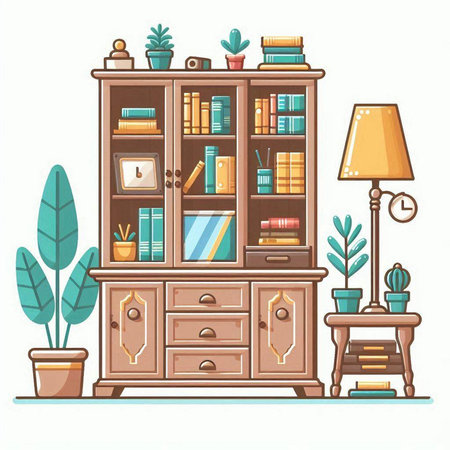 Bookshelf with books and decorations. Vector illustration in cartoon style.のイラスト素材