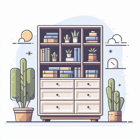 Bookshelf with books and plants. Vector illustration in flat styleのイラスト素材