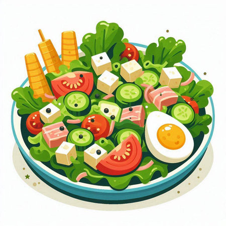 Healthy salad with tomatoes, cucumbers, lettuce, feta cheese, kiwi and eggs in a plate on a white backgroundのイラスト素材
