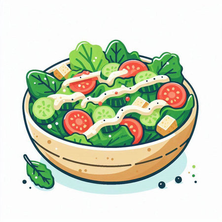 Vegetable salad in a bowl. Hand drawn vector illustration.のイラスト素材