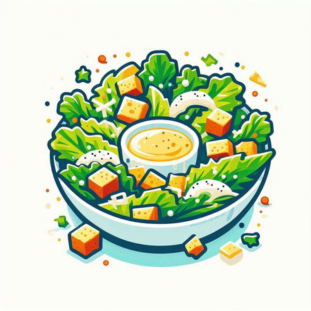 Salad with tofu, cheese and sauce in a bowl. Vector illustrationのイラスト素材