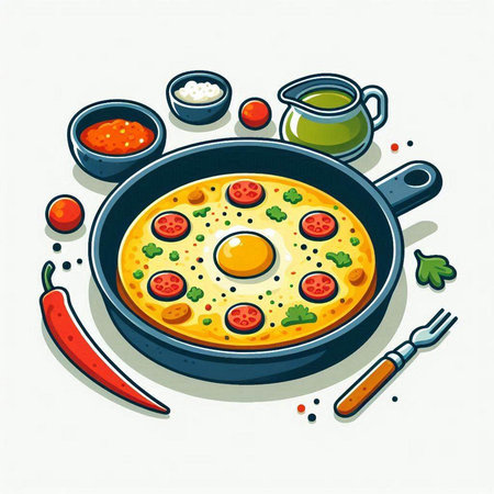 Fried eggs in a frying pan with vegetables and spices. Vector illustration.のイラスト素材