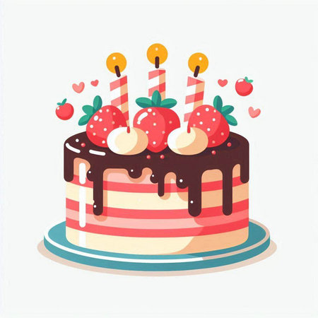 Birthday cake with cherry and candles, vector illustration in flat styleのイラスト素材