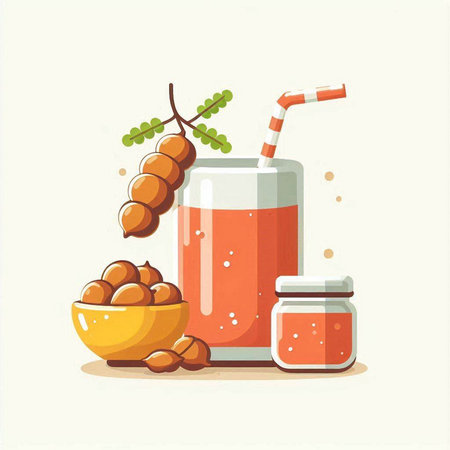 Tamarind juice vector illustration. Tamarind juice in a glass with a straw and a jar of syrup.のイラスト素材