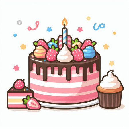 Illustration of a Cute Cake with Candles and Cupcakesのイラスト素材
