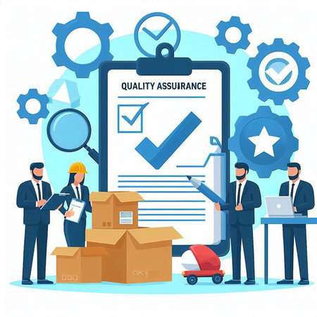 Clipboard with checklist, boxes and workers. Vector illustration.のイラスト素材