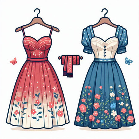Wedding dresses with floral pattern. Vector illustration in retro style.のイラスト素材