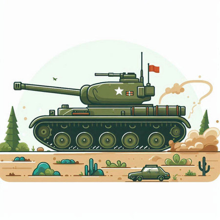 Cartoon tank in the desert. Vector illustration for your design.のイラスト素材
