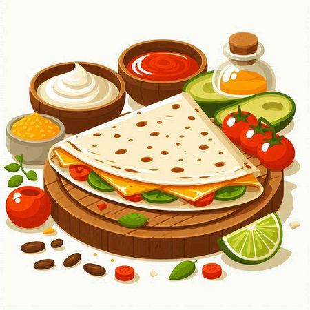 Mexican quesadilla on wooden board with ingredients. Vector illustration.のイラスト素材