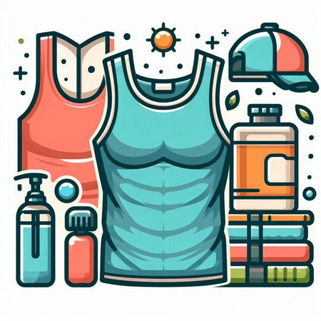 Sports clothing and accessories vector illustration. Colorful flat design of sport clothing and accessories.のイラスト素材