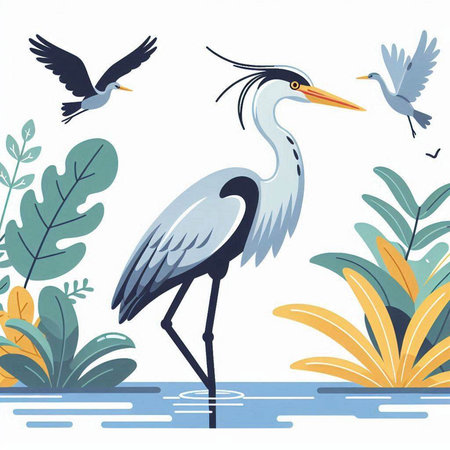 Vector illustration of a blue heron on a background of tropical plantsのイラスト素材