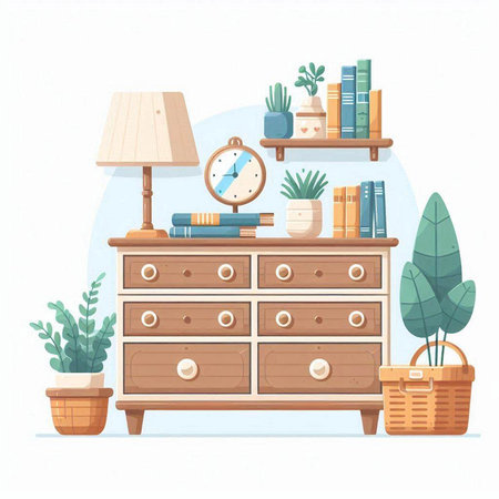 Wooden chest of drawers with plants. Vector illustration in cartoon styleのイラスト素材
