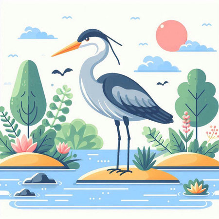 Vector illustration of a blue heron on the island in the lake.のイラスト素材