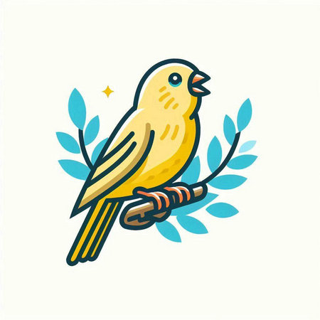 Cute yellow bird on a branch with leaves. Vector illustration.のイラスト素材