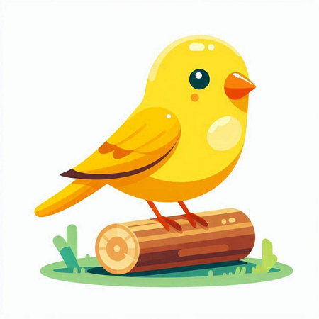 Cute little yellow bird on a log. Cartoon vector illustration.のイラスト素材