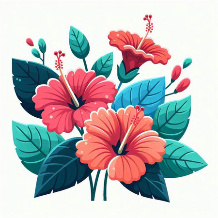 Hibiscus flowers with leaves. Vector illustration in cartoon style.のイラスト素材