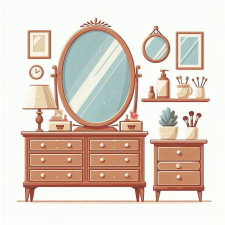 Vector illustration of a dressing table with a mirror, mirror and other items.のイラスト素材