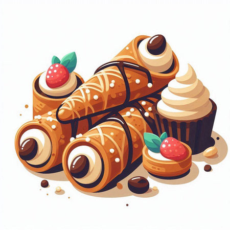 Vector illustration of chocolate wafer rolls with cream and strawberry on white backgroundのイラスト素材