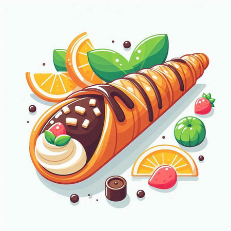 Vector illustration of delicious croissant with whipped cream, fruit and berries.のイラスト素材