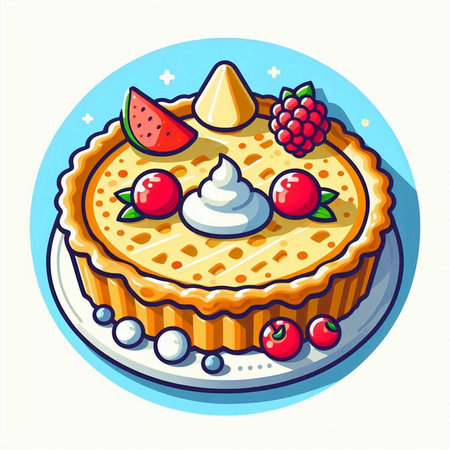 Cake with berries and whipped cream. Vector illustration in cartoon style.のイラスト素材