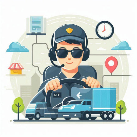Vector illustration in flat style. Man in uniform driving a truck.のイラスト素材